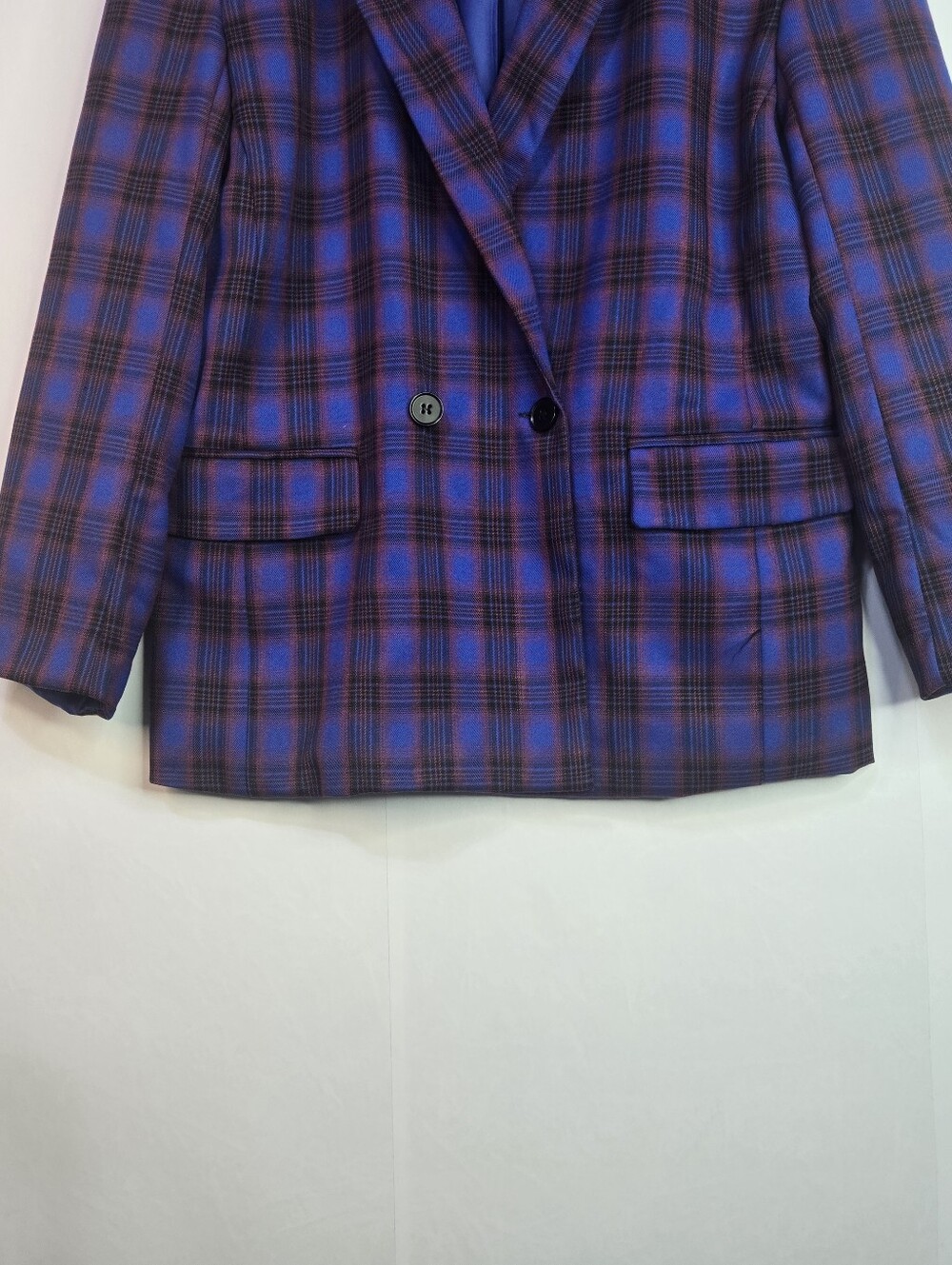 Nasty Gal Women Size 2 (Small) Bold Blue 2-Button Plaid Lined Blazer, Pockets - Picture 5 of 10
